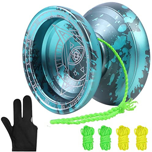 Yoyo Professionnel pour Adulte, Yoyo Réactif pour Les Enfants Débutants, Yoyo en Aluminium, Trick YoYo Compétition Yoyo avec Remplacements Unresponsif Yoyo Palier + 5 Cordes Yoyo + Gants(Gris Bleu)
