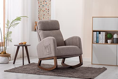 Hdxdkog Rocking Chair Nursery, Mid Century Modern Upholstered Fabric Nursery Rocking Chairs, Accent Rocker Armchair with High Back and Side Pocket for Living Room Baby Room Bedroom (Grey)