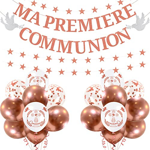 iZoeL Decoration Communion Rose Gold Decoration Bapteme Fille Decoration Ma Premiere Communion Ballon Confettis Décoration Baby Shower Guirlande Etoile 4 m