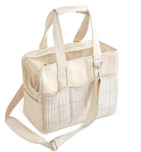 ALLSOPETS Hundetasche für kleine Hunde 5kg und Katzen, Faltbare Tragetasche mit Vordertaschen, Sicherheitsleine und abnehmbarem Kissen, ideal für Reisen und Camping (Elegantes Beige)