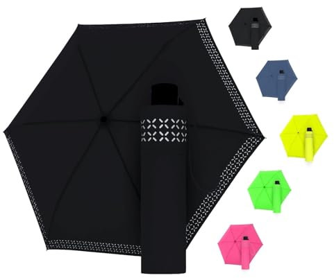 Doppler Regenschirm Safety Reflect in black I Regenschirm mit reflektierendem Rand & Handöffner I Mini Schirm mit passender Schirmtasche I Leichter Taschenschirm für Unterwegs