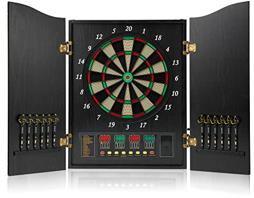 Brovamo Dartscheibe, Dekoratives Dartscheiben-Schrank-Set [12*Soft Tip Darts], Elektronische Dartscheibe, Schranktüren aus Holz mit Integrierter Anzeigetafel [Schwarz]