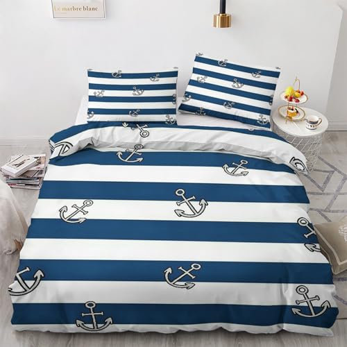 GEDAEUBA Maritim Bettwäsche 200x220 - Anker Bettbezug 200 x 220 3 teilig, Wendebettwäsche und Kissenbezug 80x80, Weiche & Angenehme & Atmungsaktive Mikrofaser Bettwäsche-Sets mit Reißverschluss
