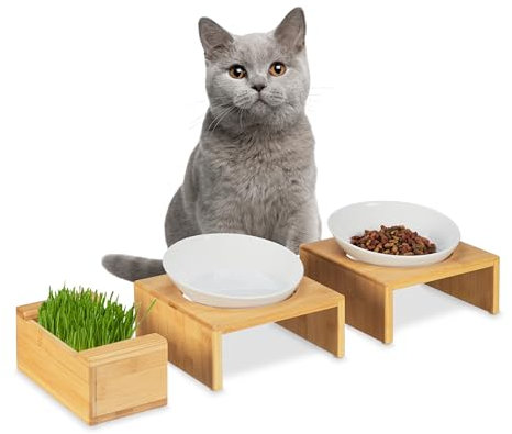 Relaxdays Katzennapf Set mit Katzengras Schale, 2 Keramiknäpfe je 350 ml, Bambus-Ständer, spülmaschinenfest, Natur/weiß