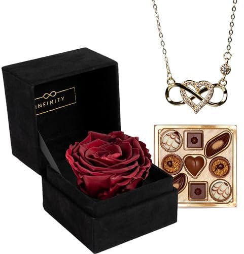 Infinity - Geschenk Set mit 1 Ewigen Rose und 925er Infinity Kette in Gold - (3 Jahre haltbare Rose mit 925er Silber Kette) - Als Geschenk verpackt