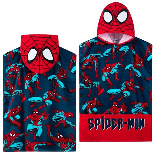 Marvel Spiderman Serviette de Bain Enfant Serviette de Plage à Capuche Ado Poncho Enfant pour Bain Plage ou Piscine Essentiel Voyage (Rouge/Bleu Spiderman, 6-9 Ans)