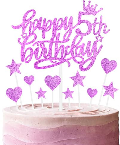 11pcs Happy 5th Birthday Cake Toppers - Hot Pink Glitter Heart Stars Cupcake Toppers for Girls' 5th Birthday Cake Decorations