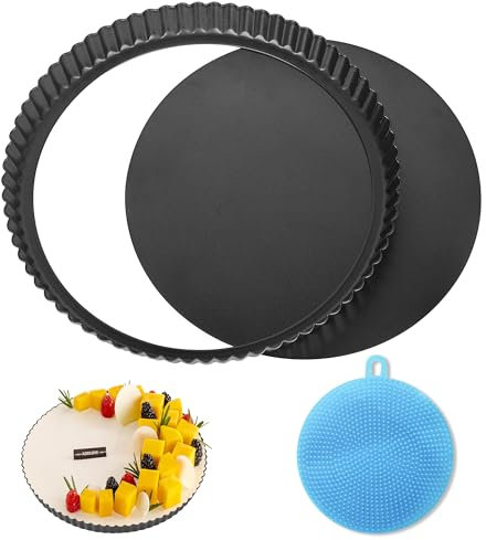 PUWOWYE Moule à Quiche 28 cm, Moule à Tarte avec Fond Amovible, Plat a Tarte Revêtement Antiadhésif, Moule a Tarte Cannelé Rond pour Gateau, Tartes et Quiches, Plat à Quiche,Acier au Carbone