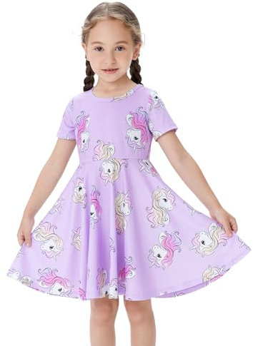 PATPAT Vestito da bambina a maniche corte, abito casual per bambina, per compleanno, festa, banchetto, matrimonio, vacanza, Lilla, 6-7 Anni