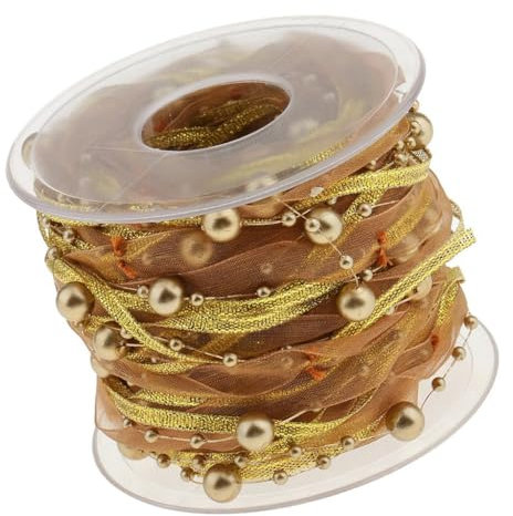 10m/rolle Perlenkette Perlen Geschenkband Gold Organza Satinband Draht Perlen Kette Schleifenband für Weihnachtsbaum Hochzeit Girlande Dekoration Geschenkverpackungen DIY Handwerk