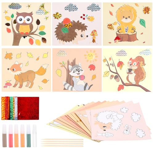 MONCAP 12 Stück Herbst Tier Bastelset Kinder Sandbilder Basteln Herbst Kreativsets Tier Sandkunst Kinder Herbst Kunsthandwerk mit Igel Eule für Jungen Mädchen Herbst Party Geschenk