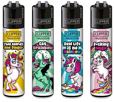 Clipper Feuerzeuge, Set mit 4 Stück, außergewöhnliche Motive (Unicorn Slogan)