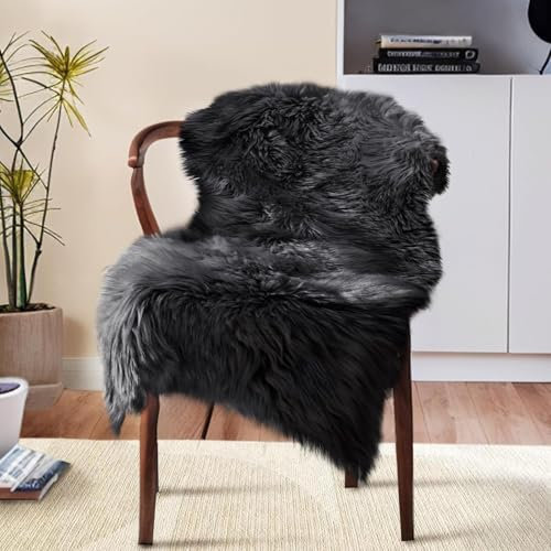 JXLOULAN Faux Fell Teppich Schwarz 60x90 cm Waschbar, Flauschiger Faux Lammfell Teppich für Wohnzimmer Schlafzimmer Kinderzimmer Haustierfreundlich