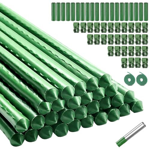 Pflanzstab Rankhilfe Verbindbare, 30 Kunststoff Beschichtetes Stahlrohr Pflanzenstäbe 40cm, mit 20 Verbinder, 30 Multifunktionsclip, Pflanzenstütze, Rankstäbe für Gurken, Tomaten, Bohnen, Erbsen