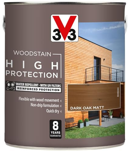 V33 High Protection Woodstain - 8-Year Guarantee - UV Filters - Water-Repellent - Quick-Drying - Only 2 Coats - Dark Oak Matt 2.5 litres