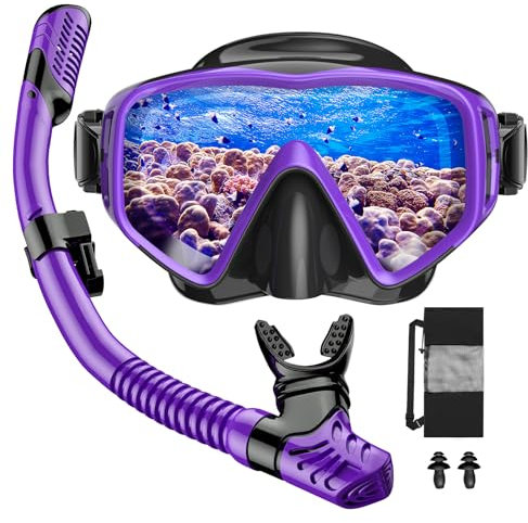 JEMULICE Schnorchelset Erwachsene, Schnorcheln Set mit Taucherbrille und Dry Schnorchel für Herren und Damen, Anti-Leck & Anti-Fog Tauchmaske aus Gehärtetem Glas für Tauchen, Schnorcheln und Schwimmen