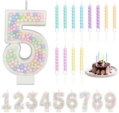 Macaron Zahlenkerzen, Pastell Geburtstagskerzen mit 12 Spiralkerzen Mädchen | Bunte Perlen-Zahlenkerzen (5), 12 rußfreie Spiralkerzen, pastell, ideal für Mädchenkuchen, Jahrestag & Muffin Topper