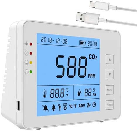 CO2-Melder, 3-in-1, CO2-Messgerät für Innen/Haus, NDIR – SA1300P – CO2-Sensor – Datenlogger – Kohlendioxid-Messgerät – Temperatur und Luftfeuchtigkeit RH mit Alarm – Datenprotokollierung