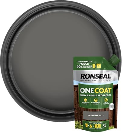 Ronseal One Coat Shed & Fence Pouch Charcoal Grey 950ml - Mix with Water to Make 5 Litres of Paint for Effortless Coverage and Long-Lasting Protection
