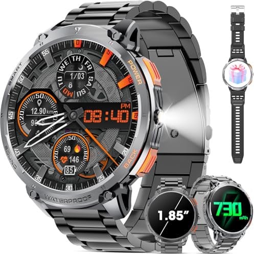 Military Smart Watch for Men 1.85 HD 730mAh Battery Smart Watches with LED Flashlight for Android iOS （Bluetooth Call Answer/Dial Calls） Fitness Tracker with Heart Rate Blood Black Steel Strip