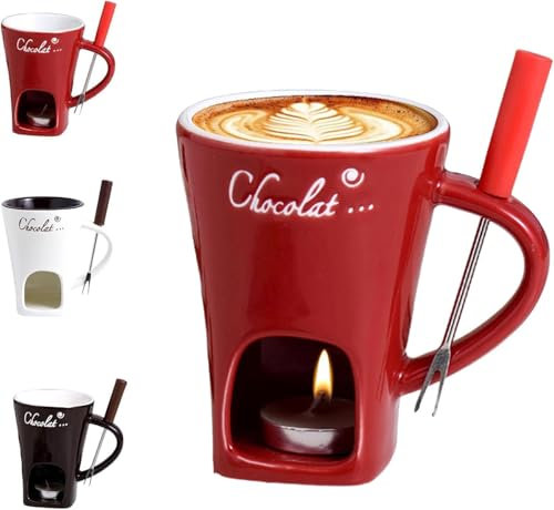 Chocolate Fondue Mug with Forks, Chocolate Melting Cup, Ceramic Butter Warmers Pot Set, Personal Cheese Melting Cup, Fondue Heated with a Tealight, Warmer Mug for Candy Snack Caramel Party (Red)