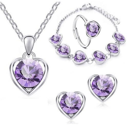 Resweky Heart Pendant Choker Necklace Love Heart Necklace Bracelet Set Stud Earrings Set Jewellery for Women (purple)