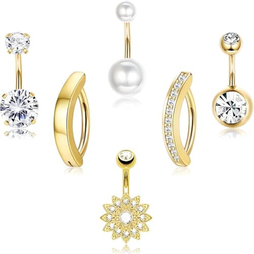 JOOTUEPO 6 Pcs Piercing Nombril Acier Chirurgical Piercing Nombril Anneau 14G CZ Pendentif Percing Au Nombril Or Ventre Piercings Nombril Pendant Nombril Barre Nombril Piercings Bijoux pour Femmes