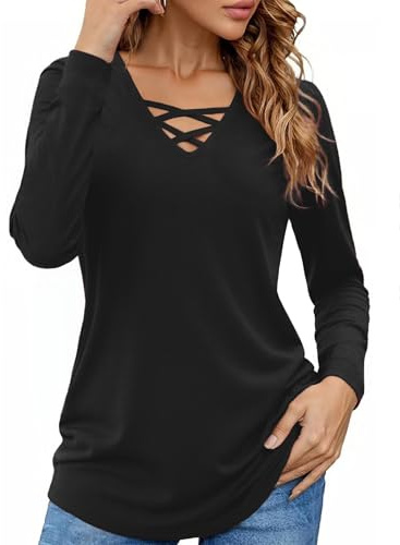 Totatuit Long Sleeve Shirt Women V Neck Tops Criss Cross Elegant Basic Top | Casual Wear, Autumn Winter Wear