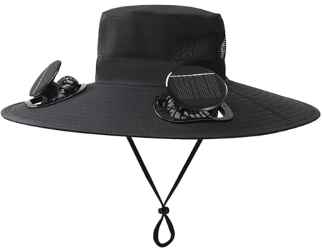 Solar Fan Hut mit USB-Ladung & Solarantrieb, Doppelte Lüfter, Breitkrempiger Sonnenhut für Angeln, Strand, Outdoor-Aktivitäten (Schwarz)