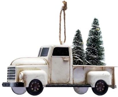 The Bride Collection Vintage Style Pickup Truck Ornament with Sisal Trees - Rustic 4WD White Truck with Christmas Trees Ornament - Old School Big Block Half Ton Pick Up with 2 Snowy Evergreen Conifers