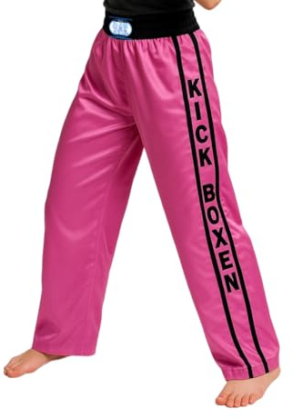 BAY Kickboxhose lang Damen Mädchen Script rosa pink mit Schriftzug Kickboxen Hose Kampfsporthose (150 (XS))