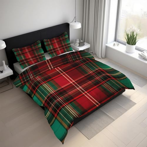 Generisch Bettwäsche 135x200 cm Rot Grün Gitter 2teilig, Mikrofaser Bettwäsche-Sets Schottische Weihnachten, 1 Weich Bettbezug und 1 Kissenbezug 80x80 cm Mit Reißverschluss PZ&S-16