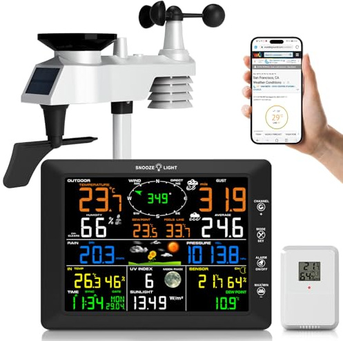 Urageuxy 14-in-1 Profi WLAN Wetterstation mit Windmesser und Regenmesser, 8 Zoll HD-Farbdisplay, Funkwetterstation für Innen Außen, Thermometer/Hygrometer, UV-Index, Luftdruck