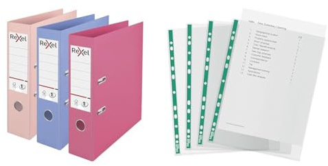 Rexel Pastel Plastic A4 Lever Arch Files, FSC Certified, 75mm Spine, 3-Pack (Pink, Blue, Peach) + Esselte A4 Punched Pockets, 100 x Poly Pockets, 34 Micron Thickness, Clear (Bundle)
