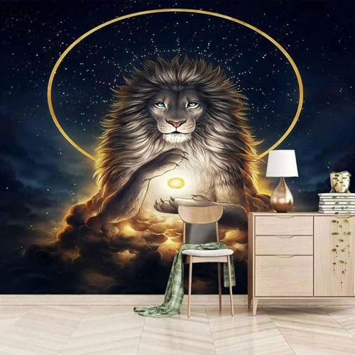 Ciel Étoilé Doré Animal Rond Lion Papier Peint 3D Installation Facile Intissé Tapisserie Bureau Salon Canapé Chambre Décoration Murale-430cm×300cm