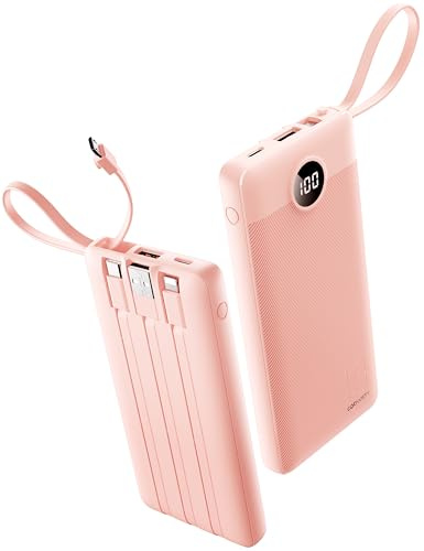 Coowisty 10000mAh Powerbank mit Ladekabel, Integriertem Kabel Tragbares Ladegerät USB C, 5 Ausgänge 2 Eingänge LED Display Externer Akkupack für Handys,Kompatibel mit iPhone, Samsung und mehr (Rosa)
