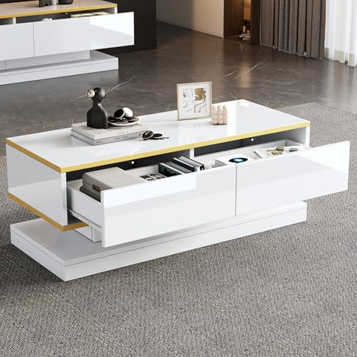 BTM Table Basse laquée Brillante 100 x 50 x 38 cm, Console avec 2 Grands tiroirs, de Salon Originale, Blanc Chaud avec Bordure dorée, avec Plateau étroit et Large Plateau et Base