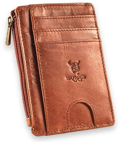 MATADOR Montréal Portefeuille ultra fin avec grand compartiment zippé - En cuir fin et plat - Pour homme et femme - Protection RFID - Étui pour cartes de crédit - Avec boîte cadeau, marron Konjak