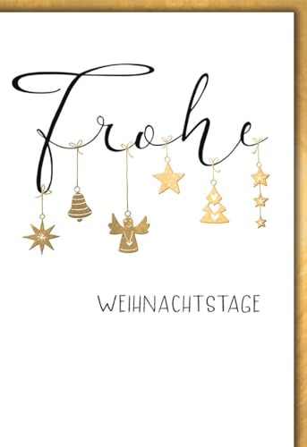 Weihnachtskarte Festlich - Elegant - Goldene Anhänger mit Sternen und Engel auf Weiß - Klappkarte mit Umschlag Weihnachtsgrußkarte