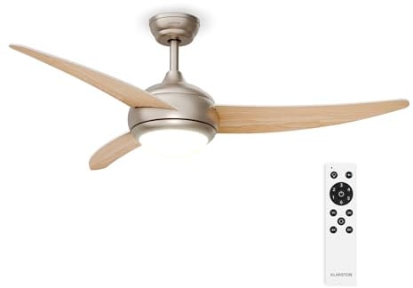 KLARSTEIN El Paso Ventilatore da Soffitto con Luce e Telecomando – 6 Velocità, 3 Pale, Silenzioso, LED Dimmerabile, Estate/Inverno, Interni & Esterni, 132cm, Maple