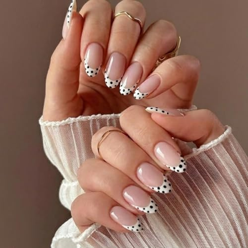 24Pcs White Press on Nails Short, Polka Dot French Tip Fake Nails, Nail Tips & Stick on Nails for Women - Short Almond Press-Ons, Cute Black Polka Dot French Manicure False Nails