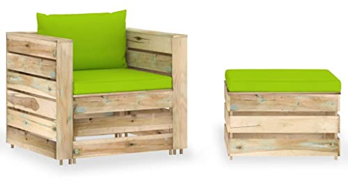 HETFTJN 2-TLG. Garten-Lounge-Set aus imprägniertem Kiefernholz mit hellgrünen Kissen, Modulares Palettensofa und Tisch-Hocker-Kombination, Rustikale Outdoor-Sitzgruppe für Garten und Terrasse