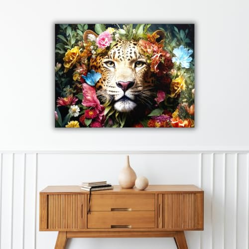 Pro-Art Leinwand Bilder Jaguar mit Blumen Groß 40x50 cm Bild Wohnzimmer Bild modern Deko Wandbilder Schlafzimmer Tiere