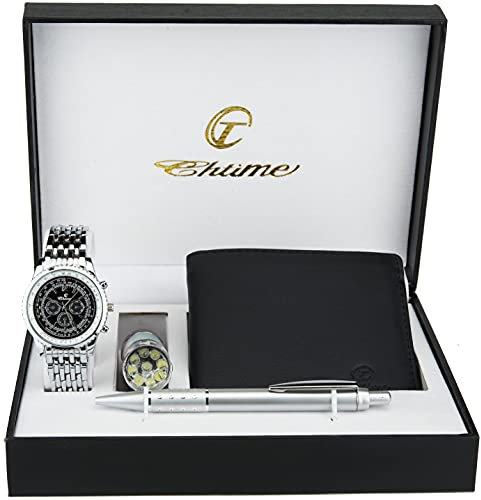 BELLOS Geschenkset Herren Armbanduhr- Schwarz- LED Taschenlampe - Brieftasche -Stift