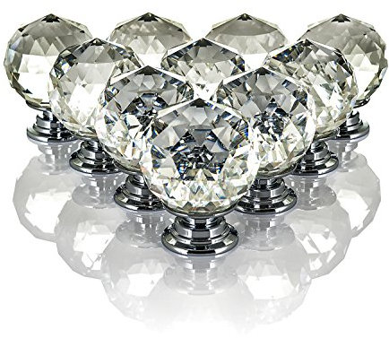 LIVIVO Pack of 10 Round Crystal Drawer Knobs with Chrome Base-Suitable Replacement Handle for Drawer, Wardrobe or Cabinet Door-Quick and Simple to Install-Light Reflects and Sparkles Like Diamonds