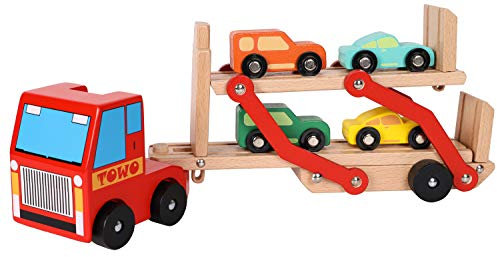 Toys of Wood Oxford Holz LKW - Autotransporter - holzauto mit anhänger mit 4 Autos -holzauto ab 3 Jahre
