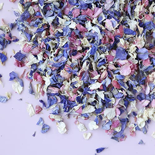 NATURAL BIODEGRADABLE DRIED FLOWER PETAL WEDDING CONFETTI (Premium Mix: PURPLE, PINK, BLUE & IVORY, 1 Litre)