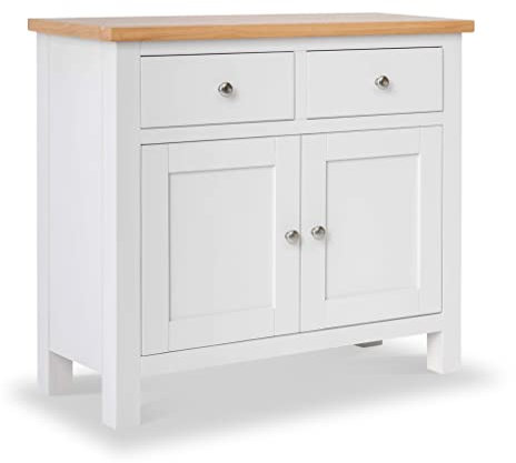 RoselandFurniture Farrow White Small Sideboard for Living Room | Fully Assembled Painted Storage Cabinet Solid Wood 2 Door Cupboard Unit with 2 Drawers & Oak Top for Kitchen, Dining Room or Hallway