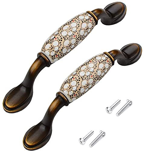 Vintage Ceramic Door Handle Cabinet Pull, Ceramic Furniture Drawer Handles, Zinc Alloy Antique Bronze Plated for Wood Wardrobe Cabinet Drawer Home Decoration with Screws, 2 Pcs