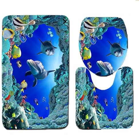 Smavles Alfombrilla de Baño de 3 Piezas Alfombra de Ducha Alfombras de Baño Antideslizante Lavables Estampado Animal Marino Alfombra de Pedestal + Tapa de Inodoro + Alfombrilla de Baño